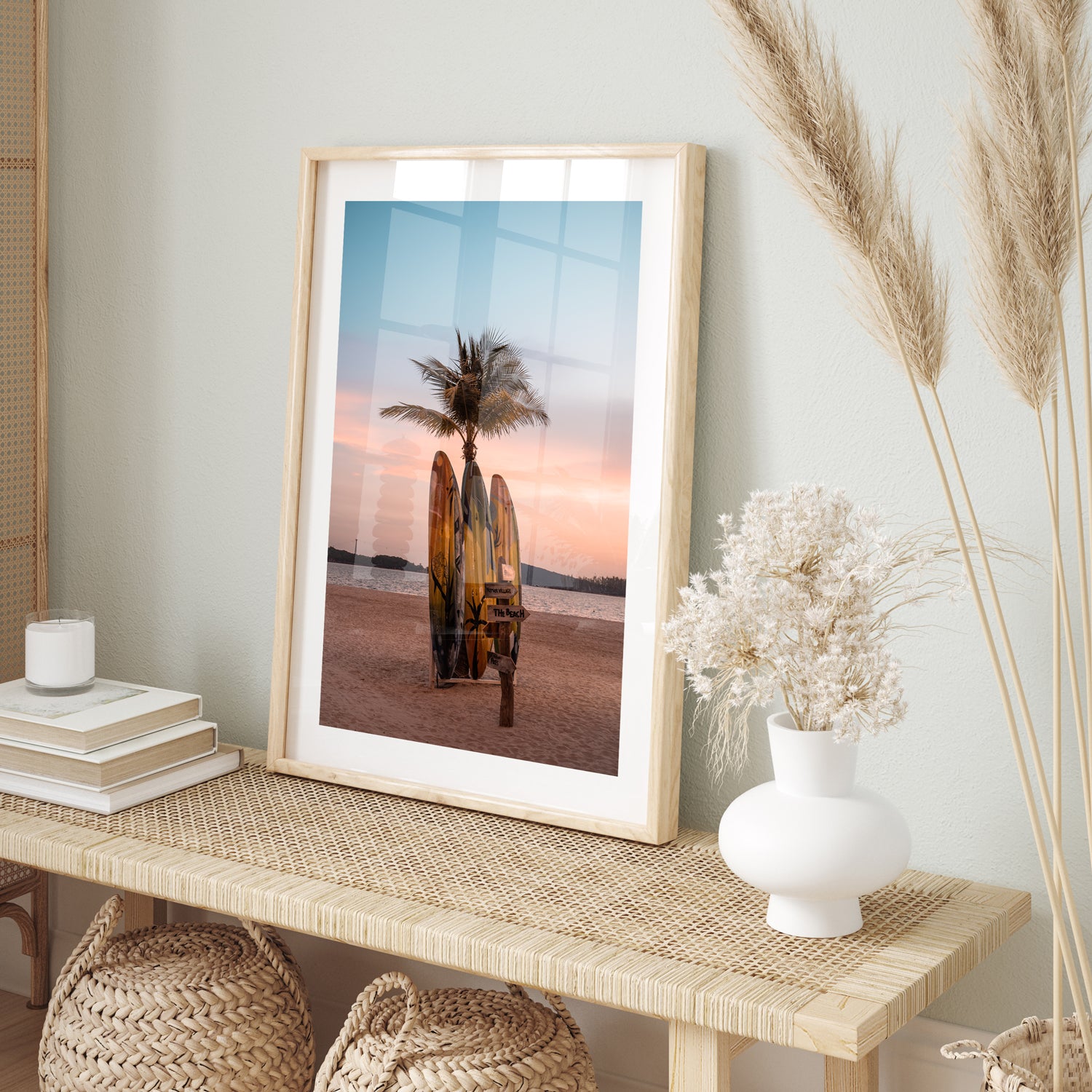 Sunset palm tree silhouette in oak frame - tropical coastal wall art for modern homes