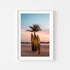 Sunset palm silhouette in white frame - tropical coastal photography wall art