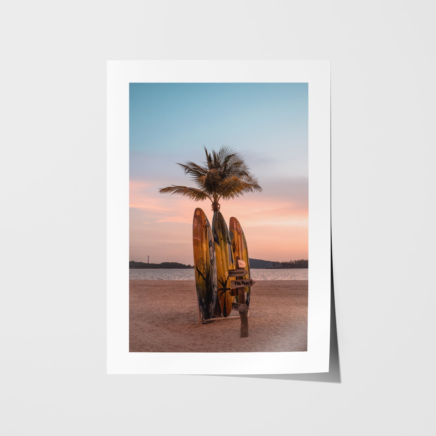 Tropical palm trees silhouetted at sunset in white frame - coastal landscape wall art