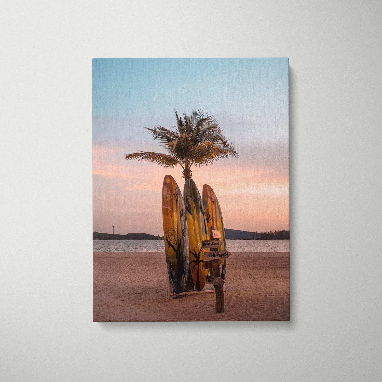 Tropical palm trees silhouetted at sunset in white frame - coastal landscape wall art