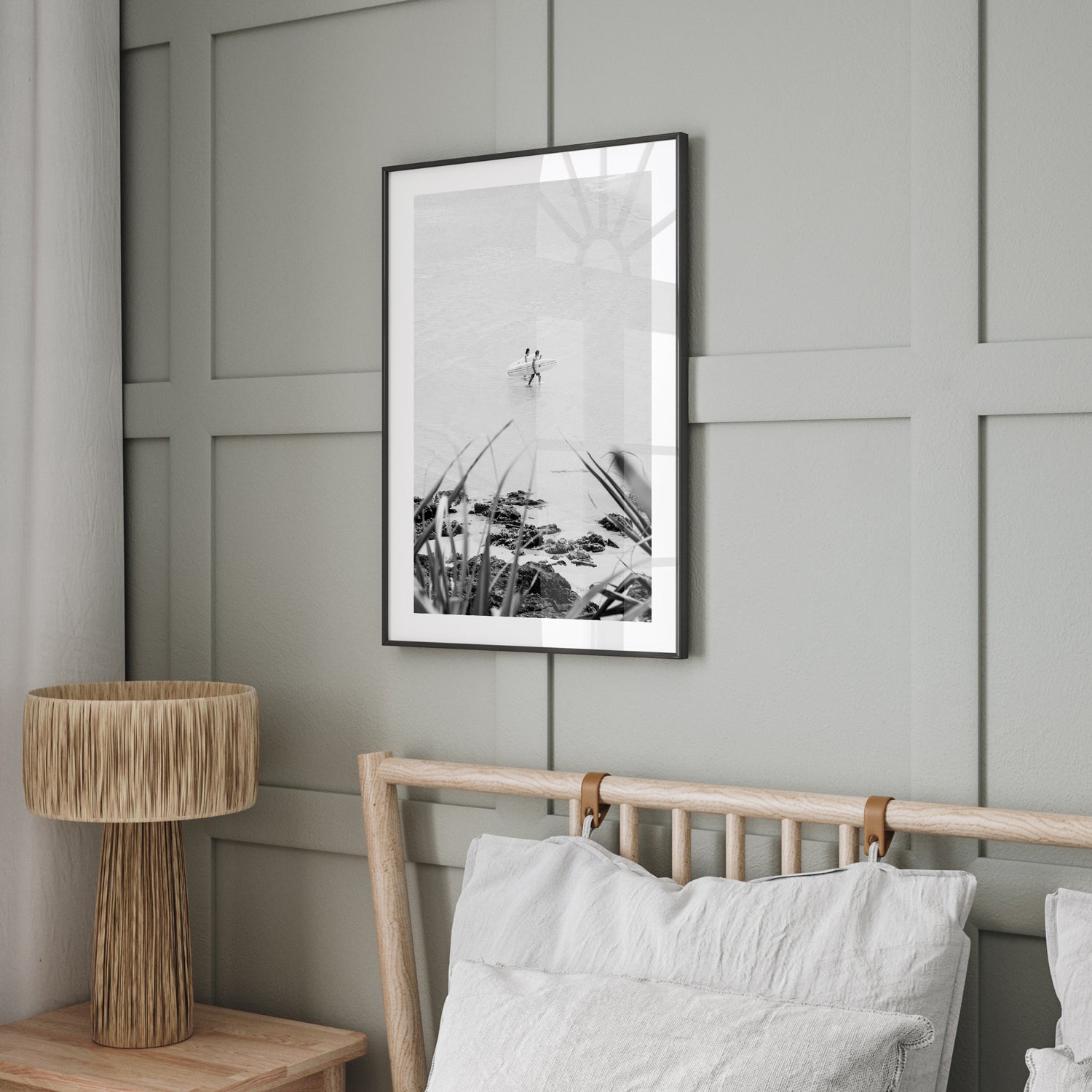 Byron Bay surfers & shark swimming partners - black framed coastal photography wall art