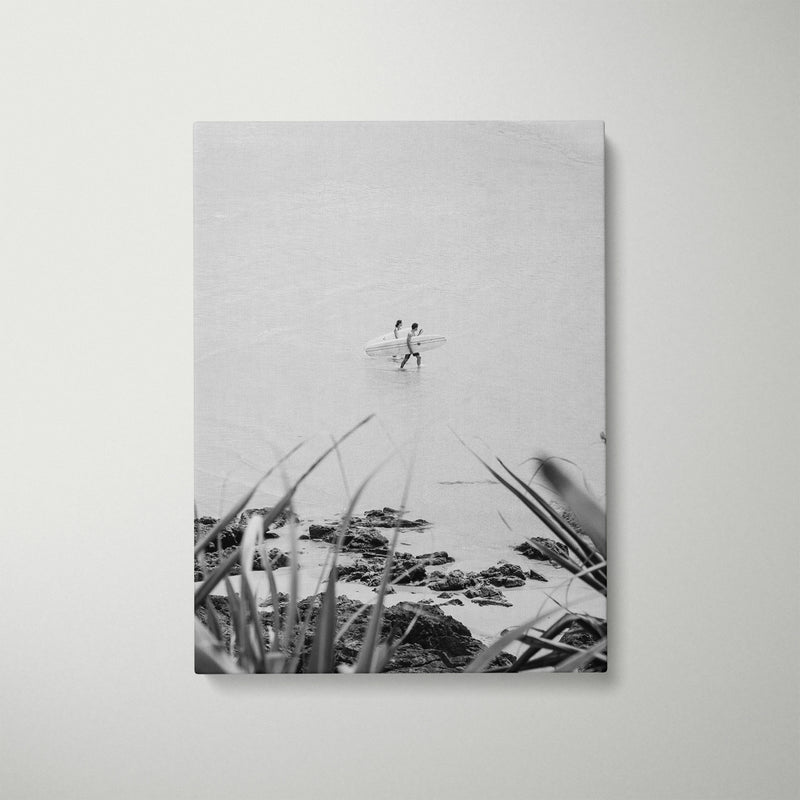 Byron Bay surf buddies in white frame - coastal lifestyle photography wall art
