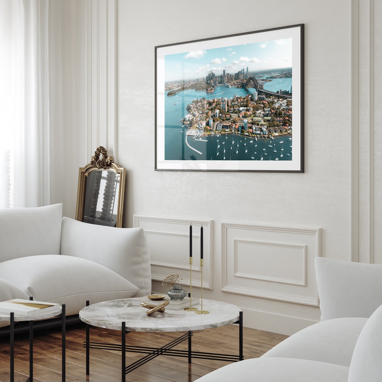 Sydney city harbour views in black frame - scenic coastal photography wall art