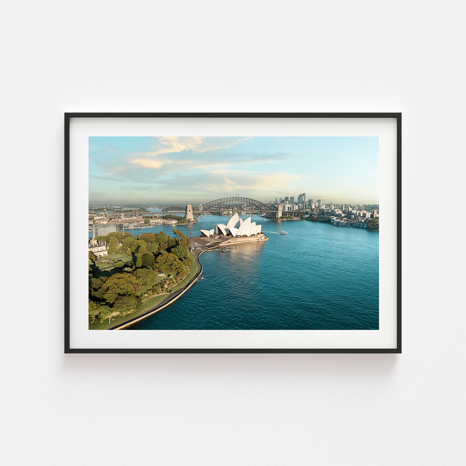 Sydney harbour sunrise cityscape in black frame - coastal photography wall art