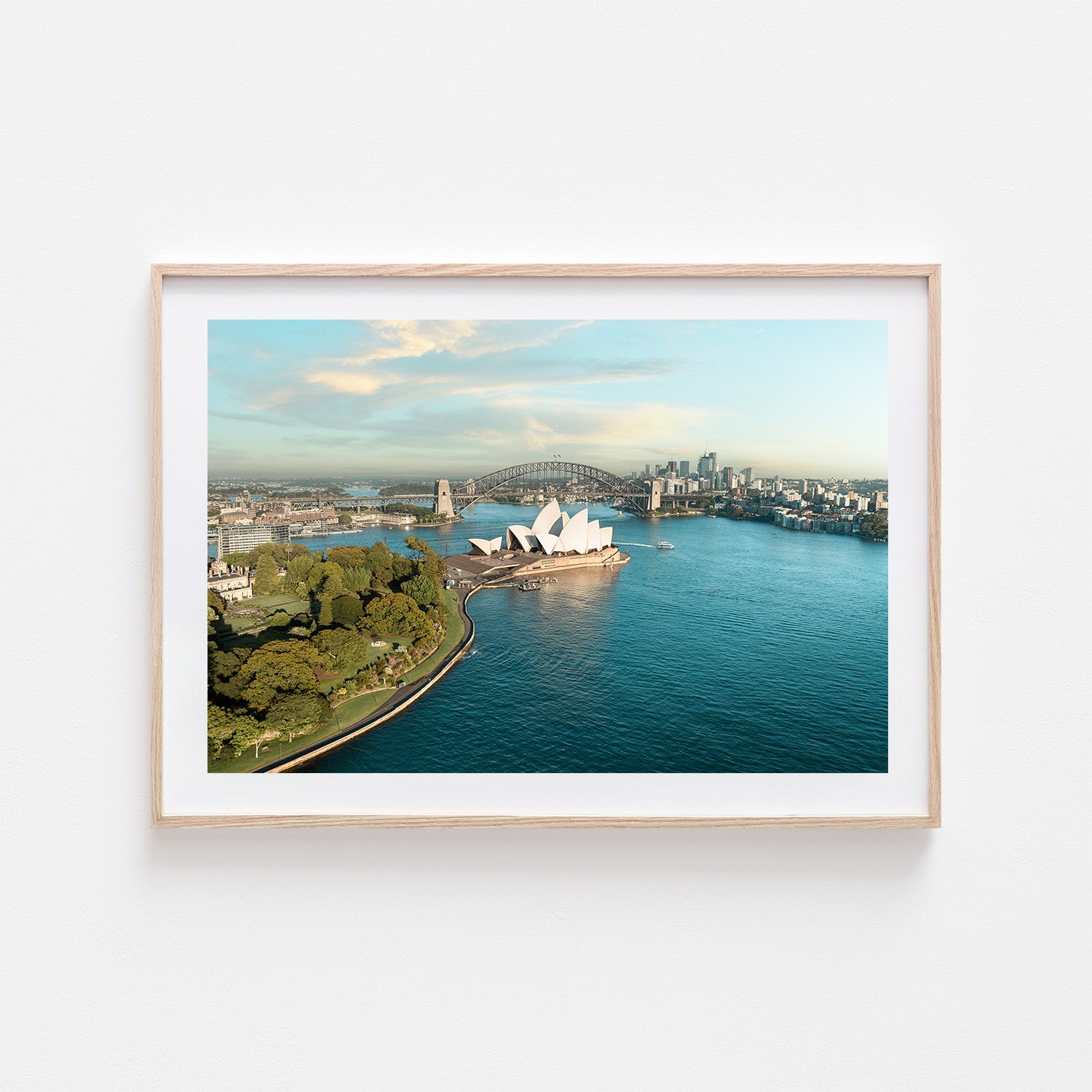 Sydney cityscape at first light in oak frame - coastal photography wall art