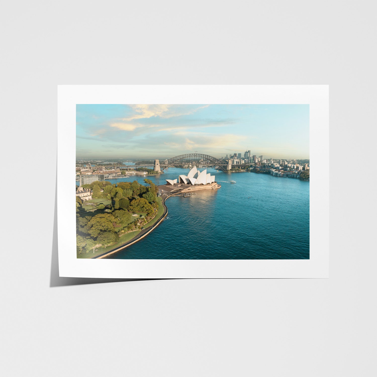 Sydney Harbour at first light in white frame - coastal sunrise photography wall art