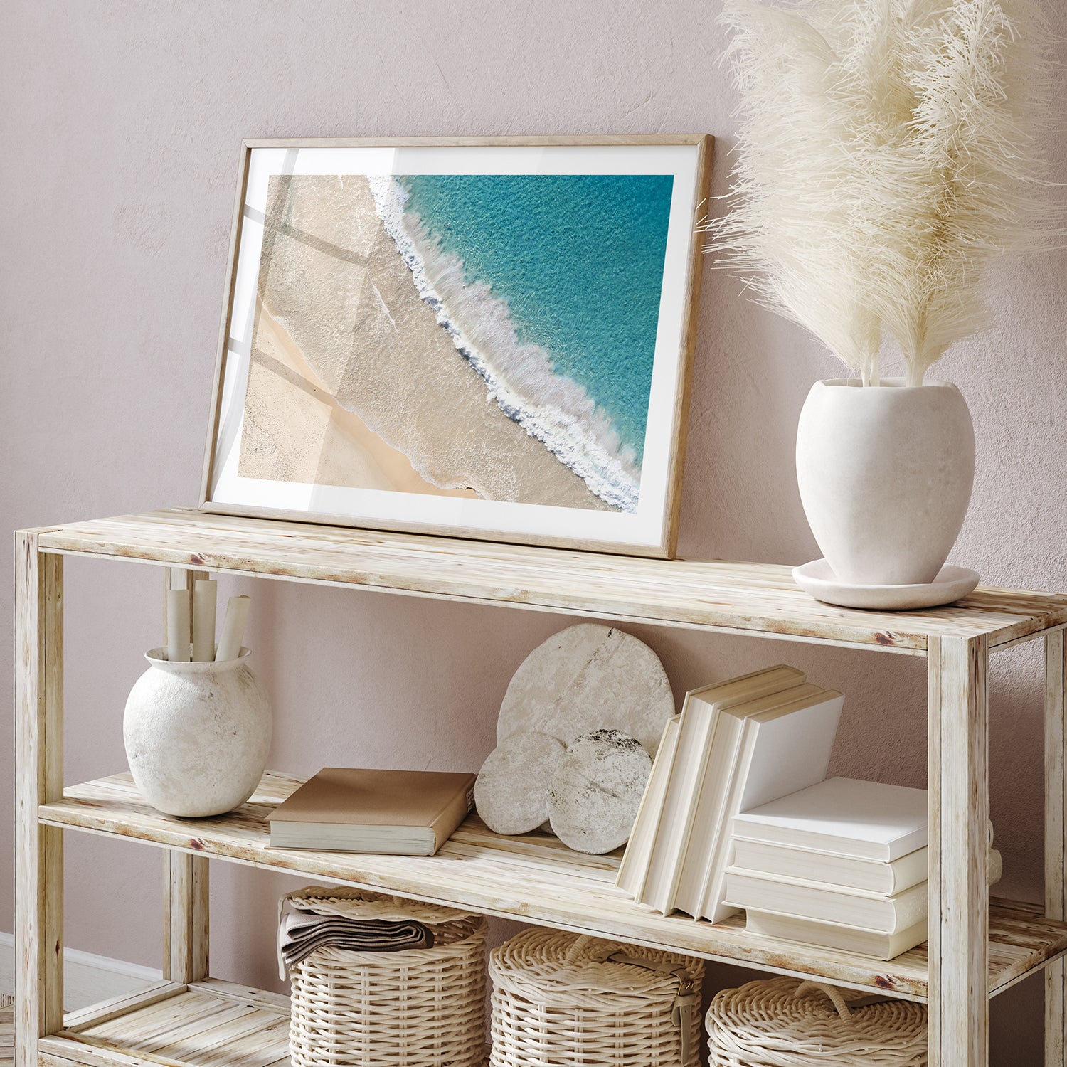 Summer coastal layers in oak frame - abstract seascape wall art for modern beach homes