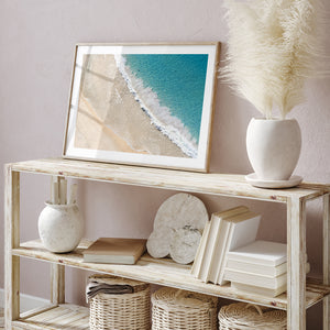 Summer coastal layers in oak frame - abstract seascape wall art for modern beach homes