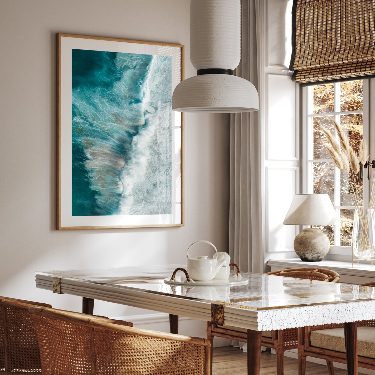 Tamarama Beach aerial seascape in oak frame - coastal surf photography wall art