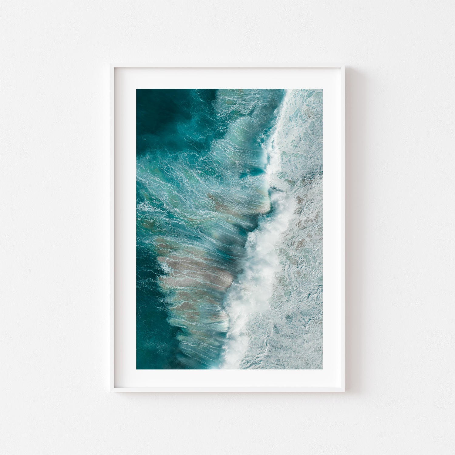 Tamarama Beach aerial seascape in white frame - Australian coastal photography wall art