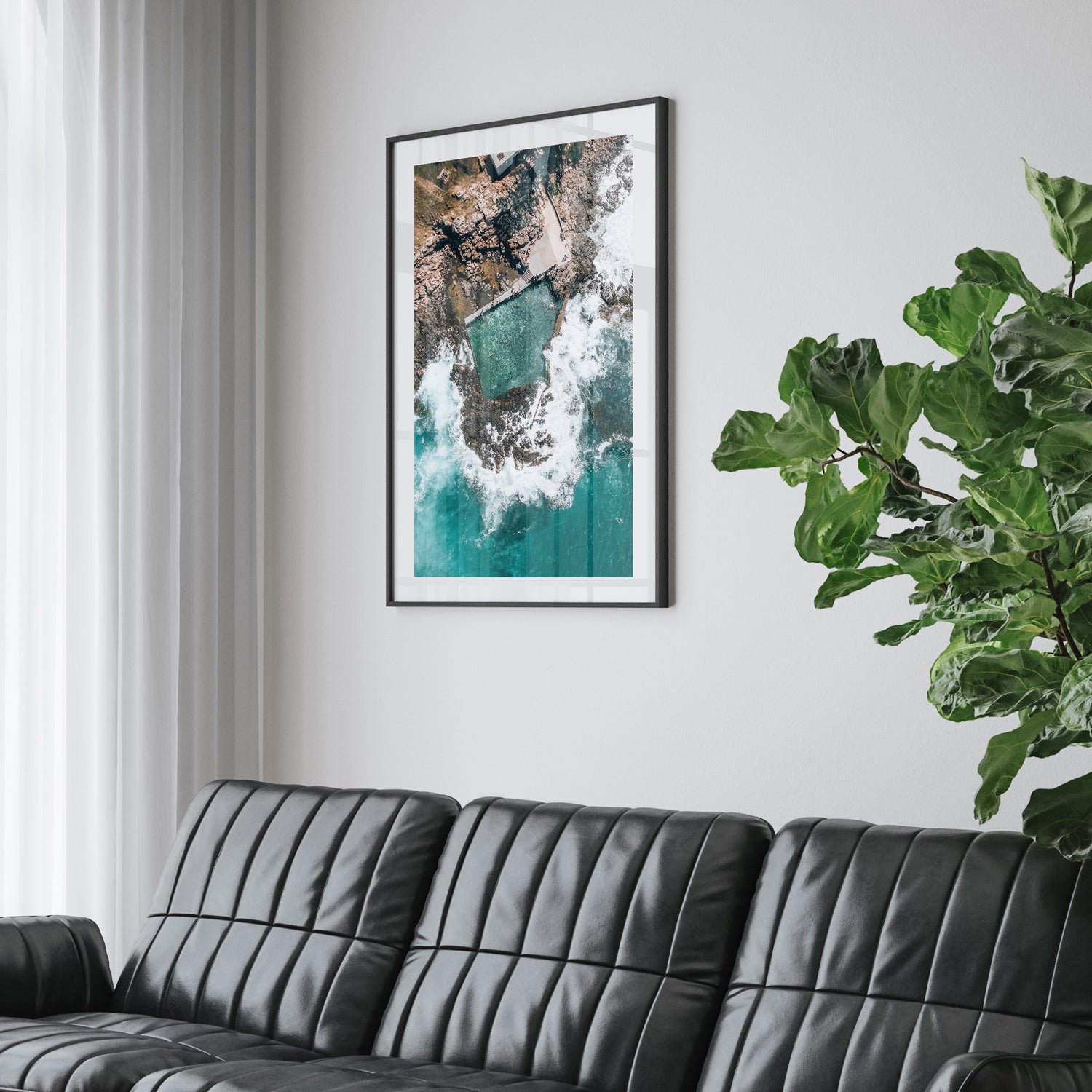 Kiama aerial coastal view in black frame - ocean landscape photography wall art