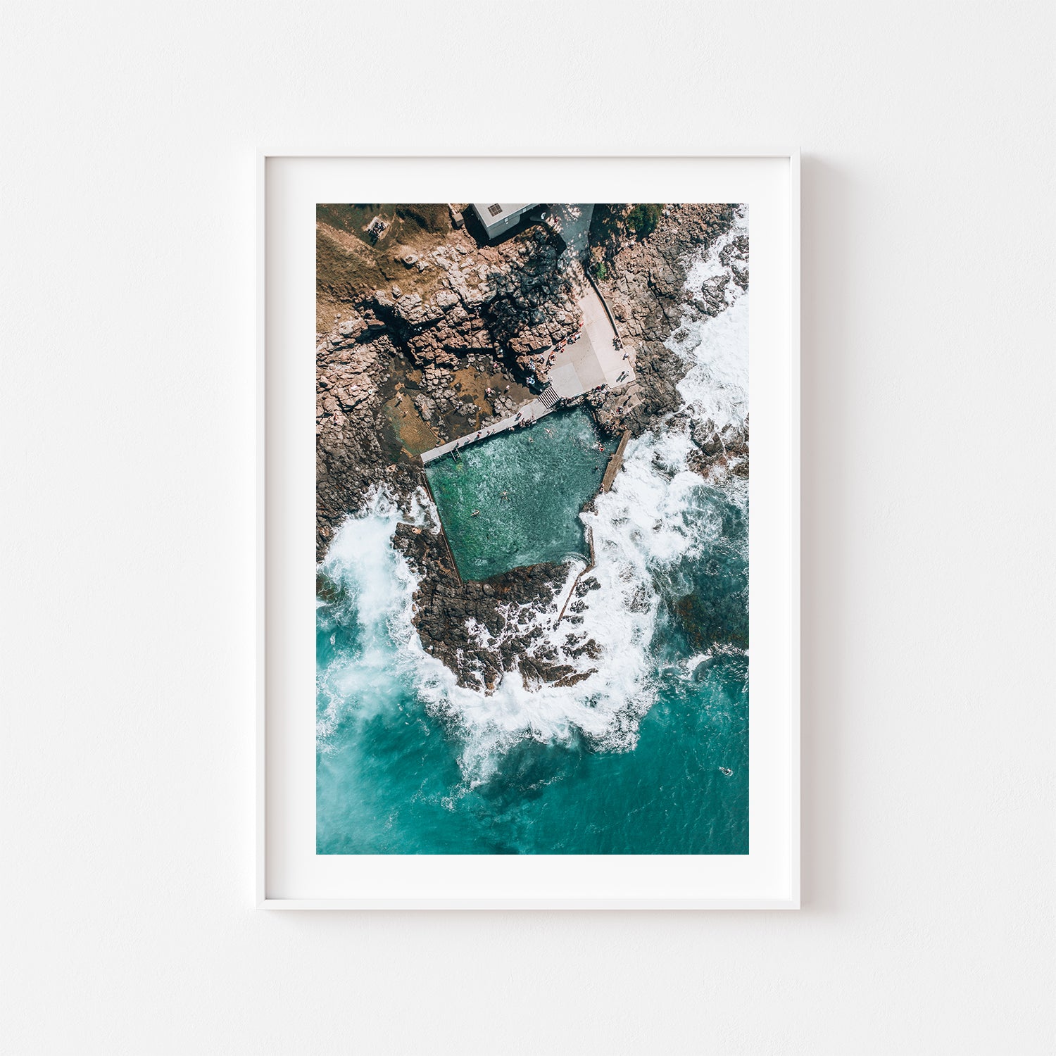 Kiama coastline aerial view in white frame - top down coastal photography wall art
