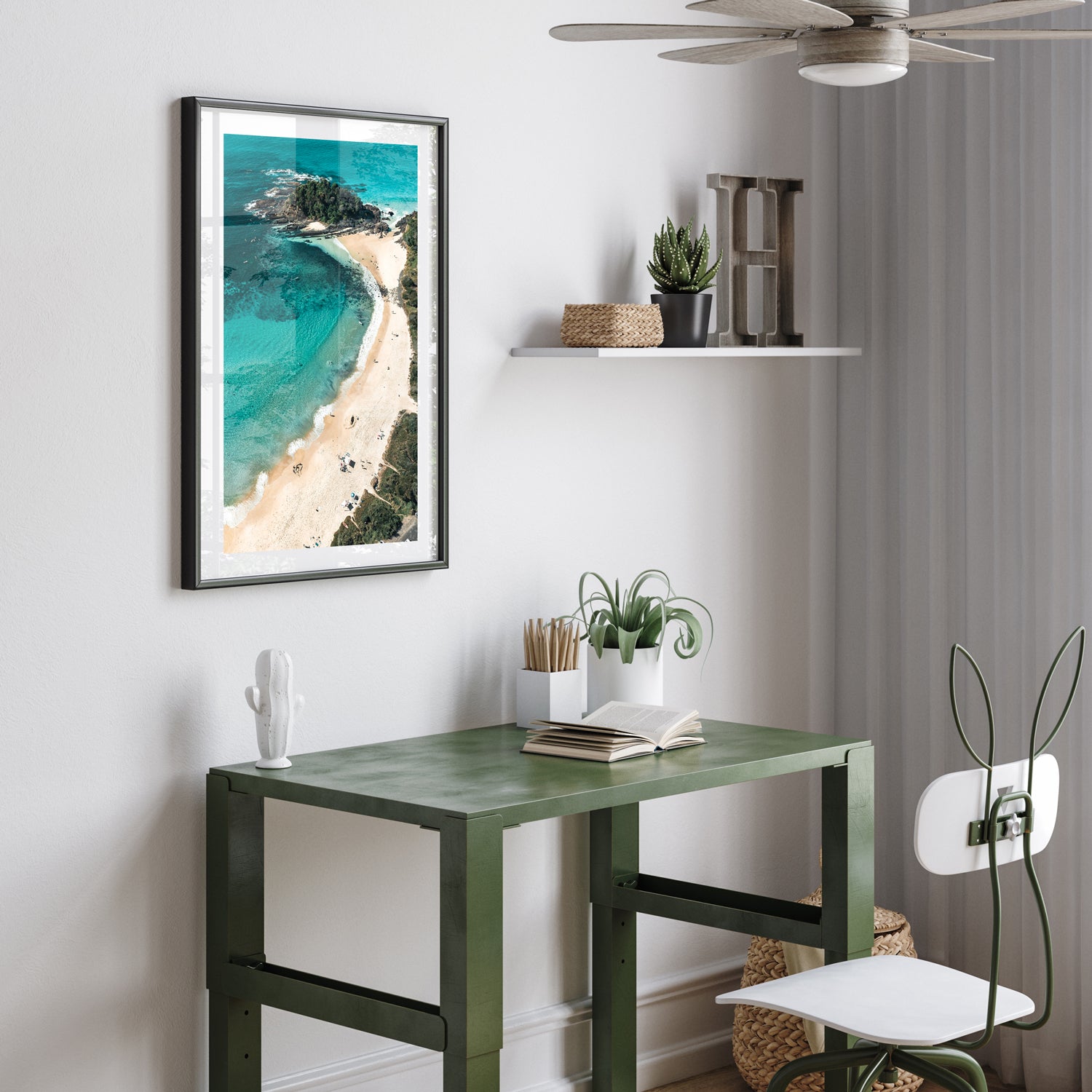 Vacay Mode" coastal typography in black frame - beach lifestyle wall art for modern homes