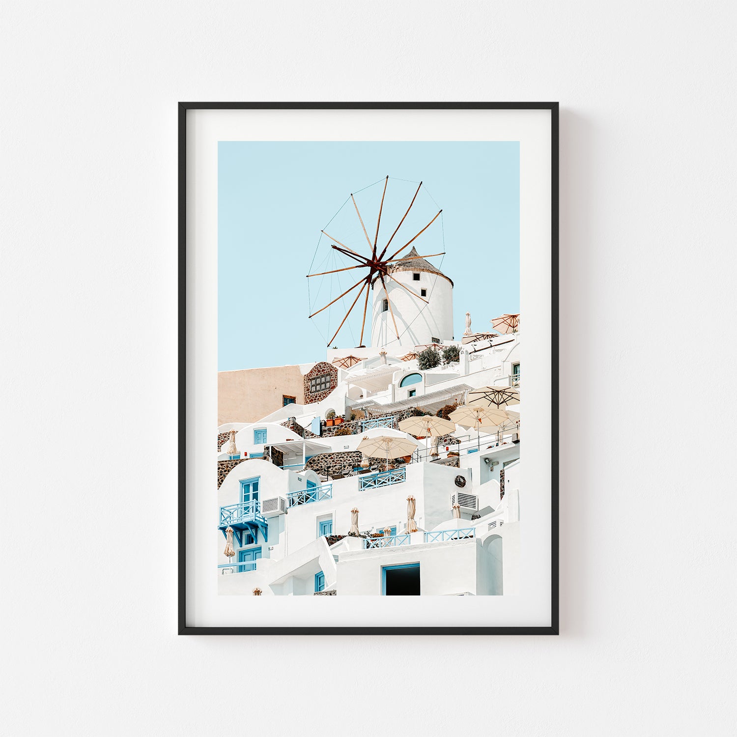 Windmill of Oia Santorini landscape in black frame - Mediterranean coastal wall art