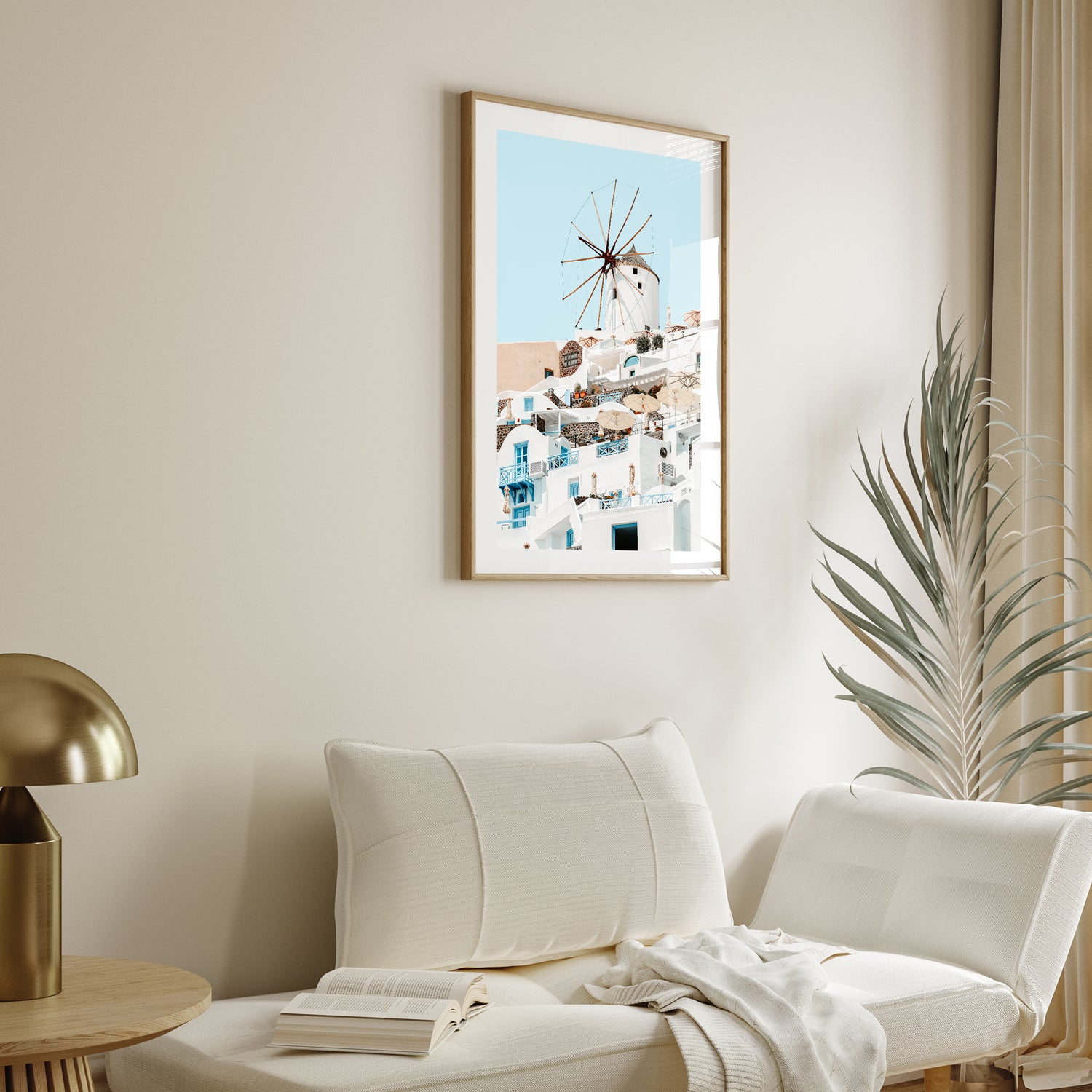 Santorini windmill of Oia in oak frame - Mediterranean coastal photography wall art