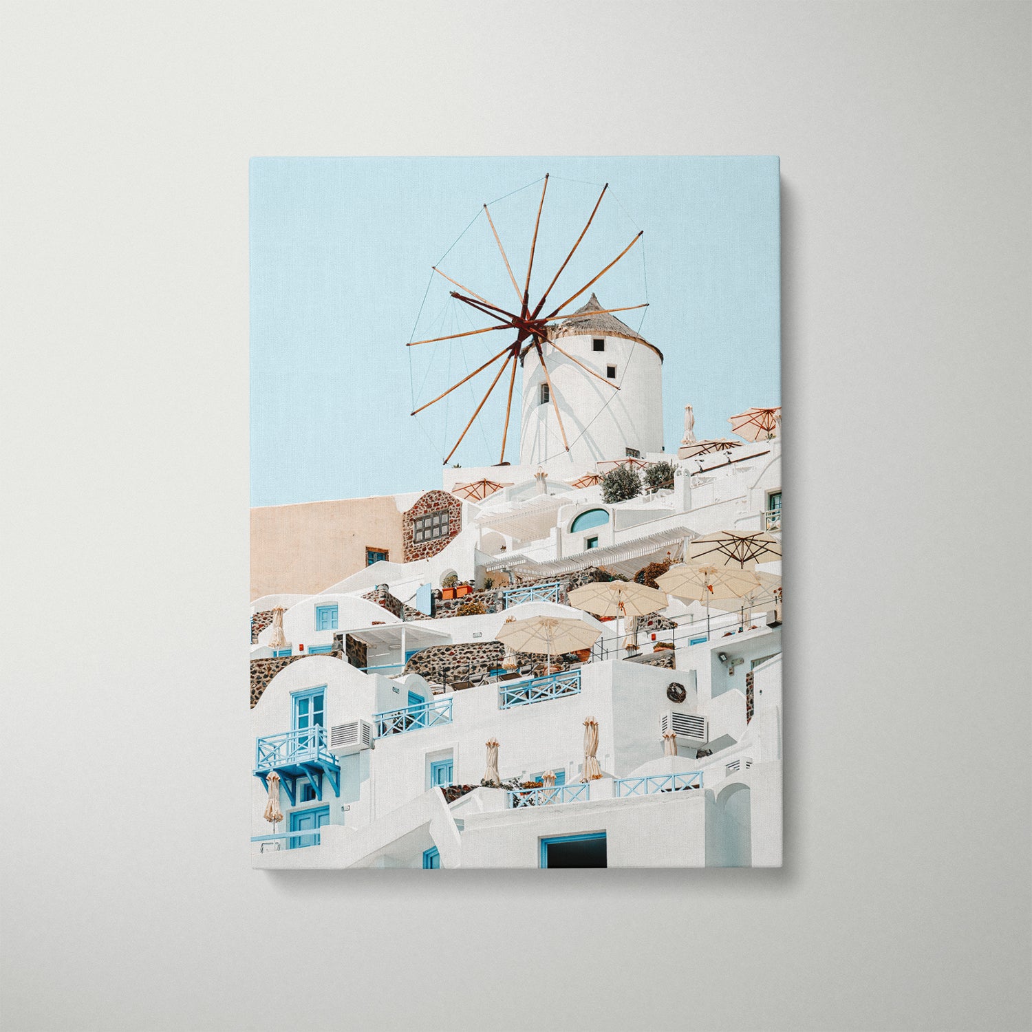 Santorini windmill at sunset in white frame - Mediterranean coastal photography wall art