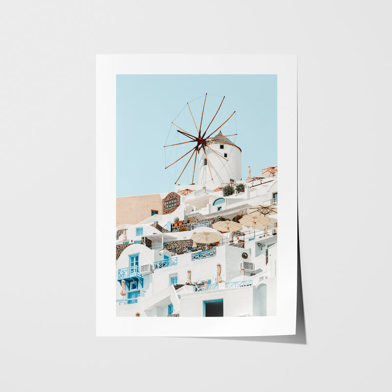 Santorini windmill of Oia in white frame - Mediterranean coastal village wall art