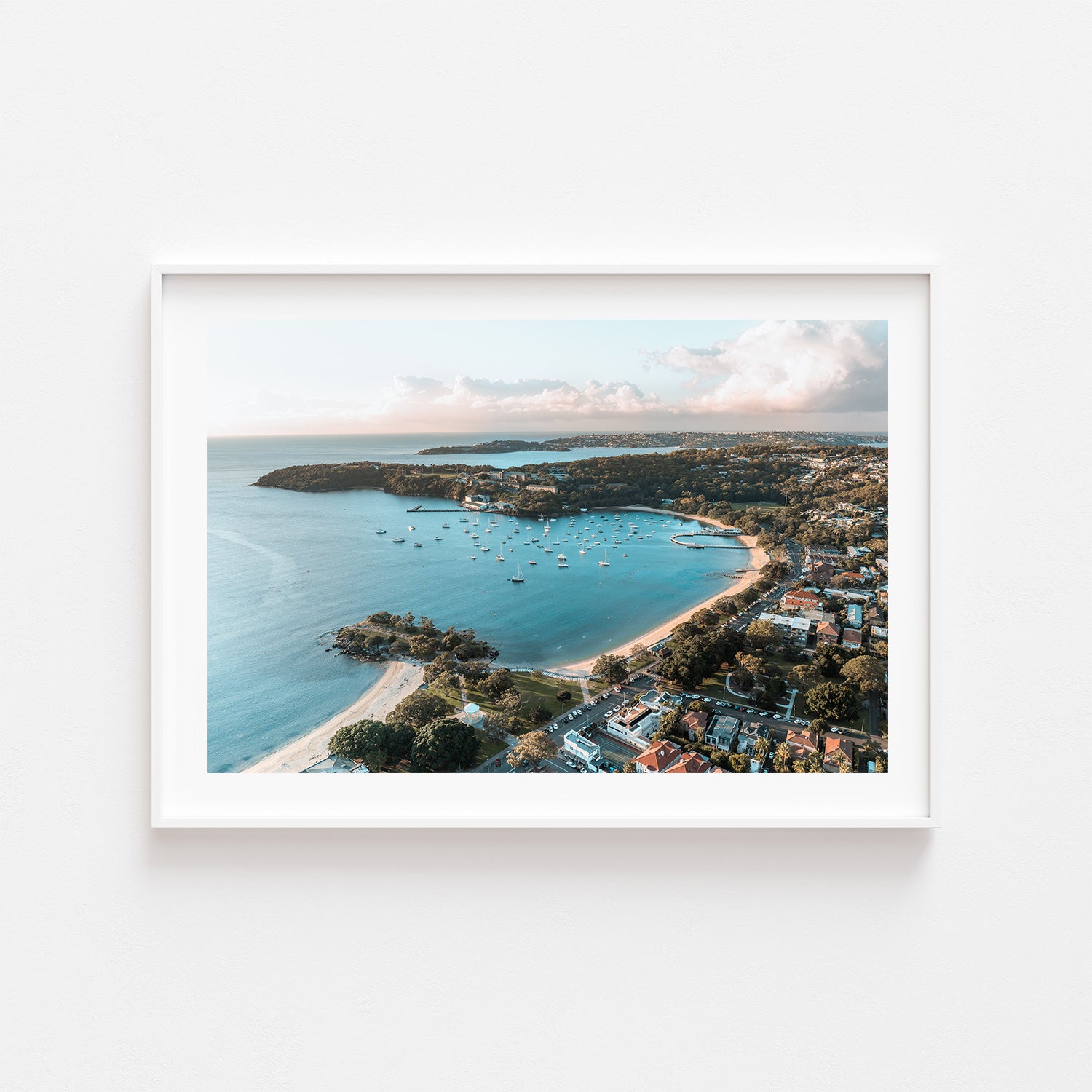 Balmoral Beach glowing sunset in white frame - coastal seascape photography wall art