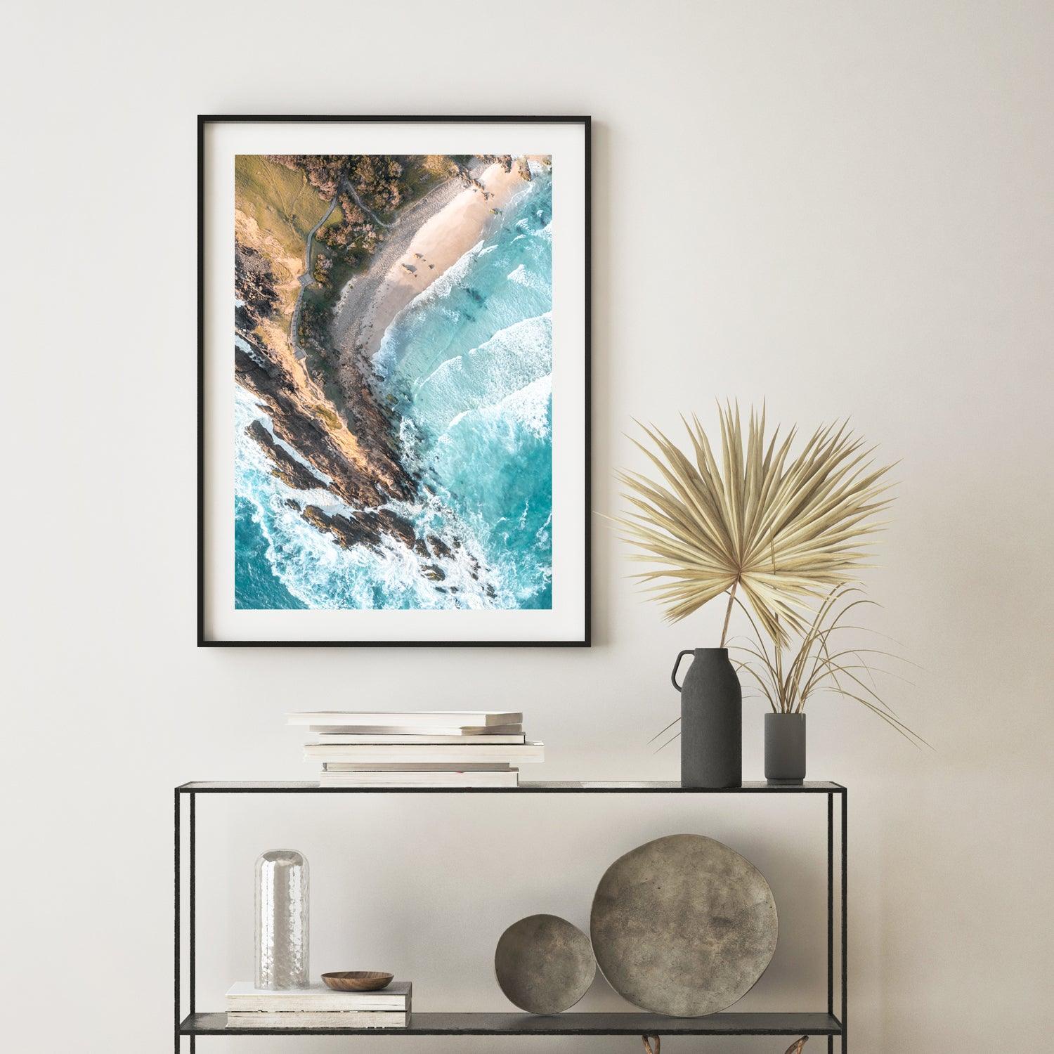 Above Little Wategos Art Print-Print-Through Our Lens-Black Frame-Small-Portrait-Through Our Lens