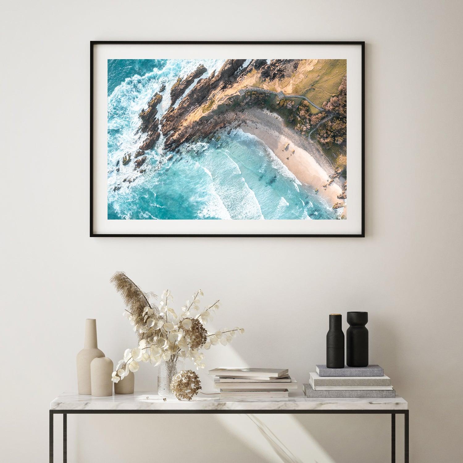 Above Little Wategos Art Print-Print-Through Our Lens-Black Frame-Small-Landscape-Through Our Lens