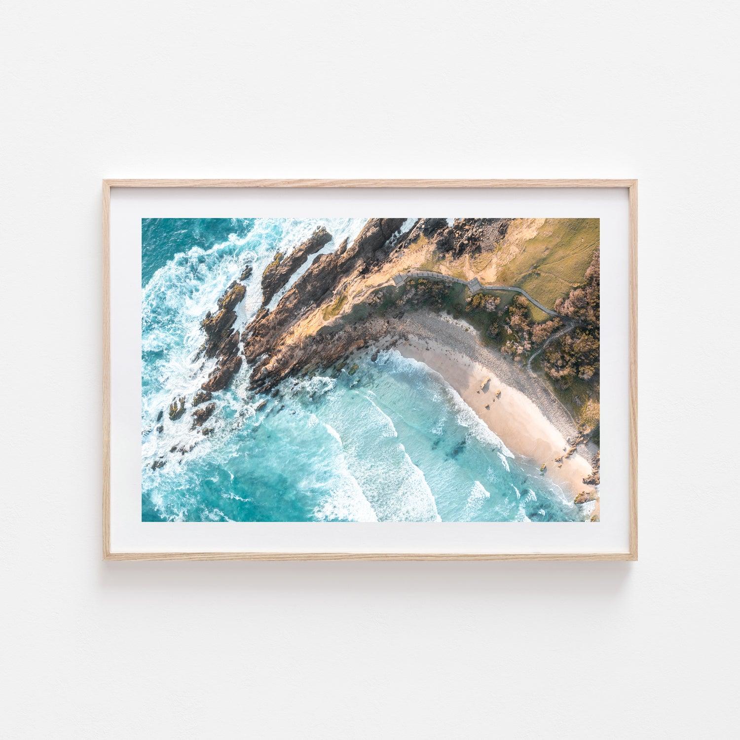 Above Little Wategos Art Print-Print-Through Our Lens-Oak Frame-Small-Landscape-Through Our Lens