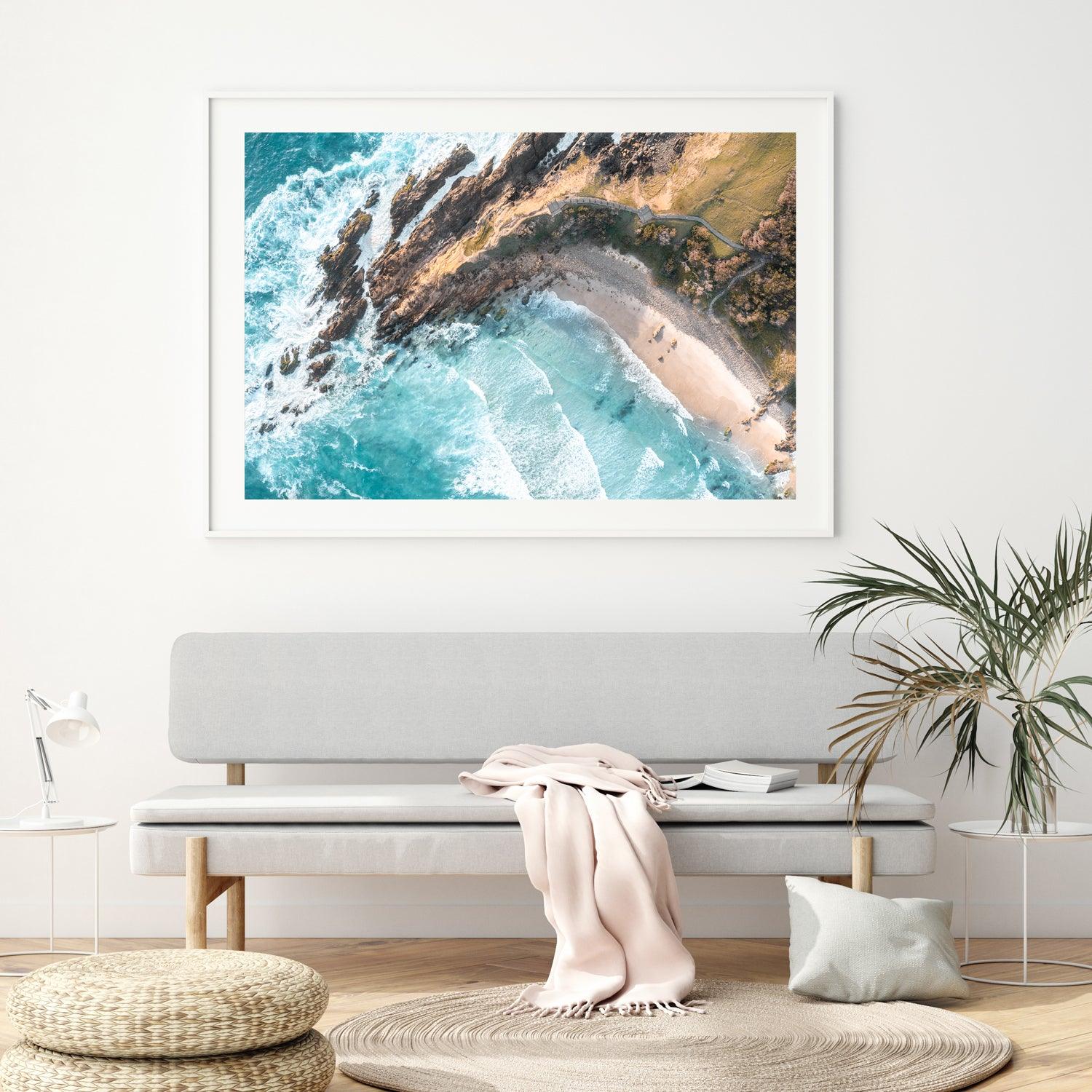 Above Little Wategos Art Print-Print-Through Our Lens-White Frame-Small-Landscape-Through Our Lens