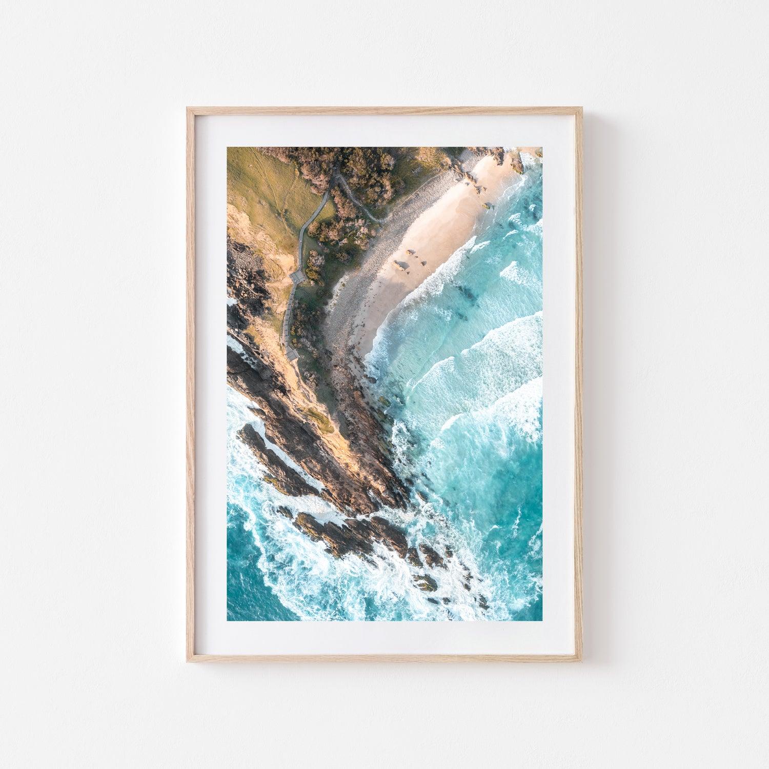 Above Little Wategos Art Print-Print-Through Our Lens-Oak Frame-Small-Portrait-Through Our Lens