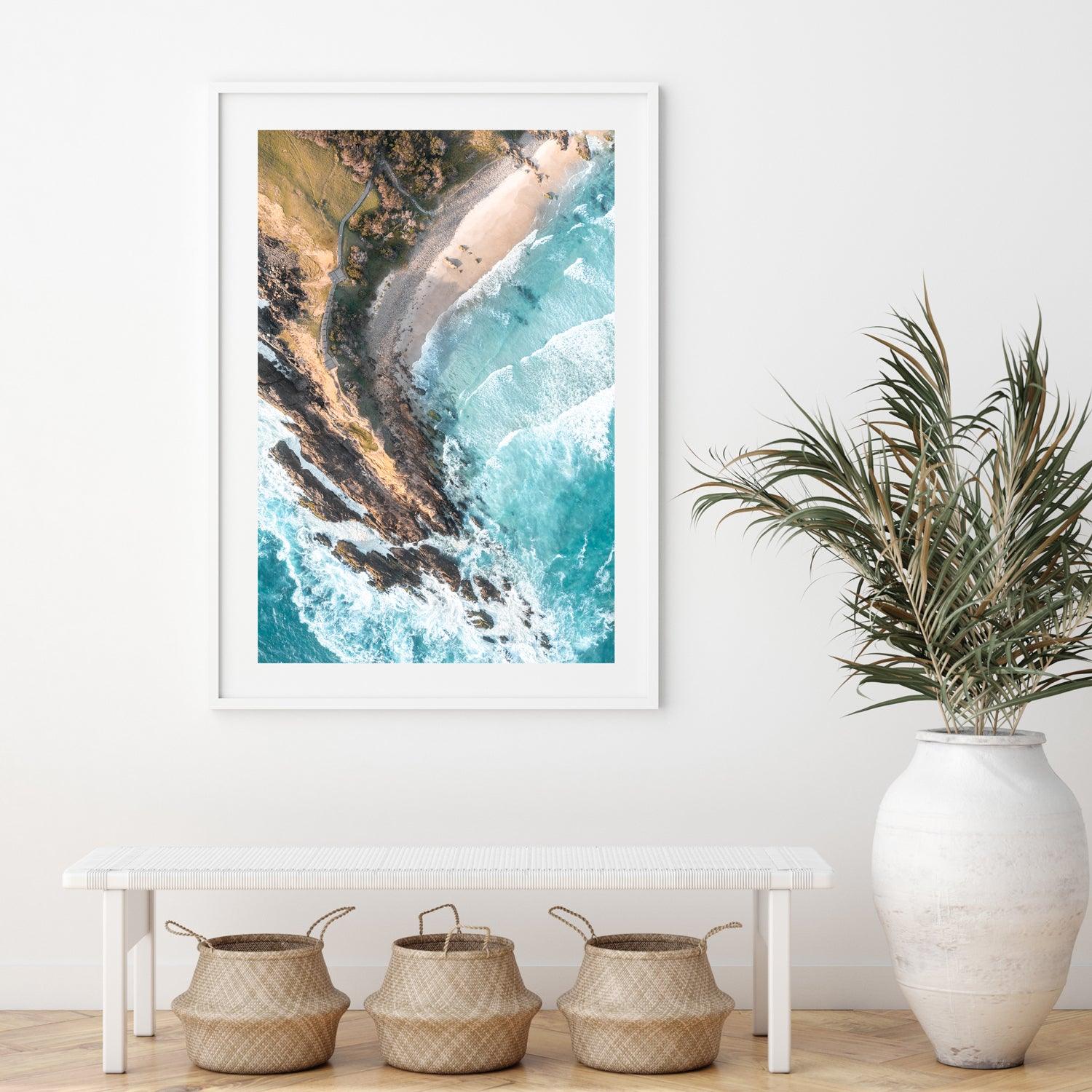 Above Little Wategos Art Print-Print-Through Our Lens-White Frame-Small-Portrait-Through Our Lens