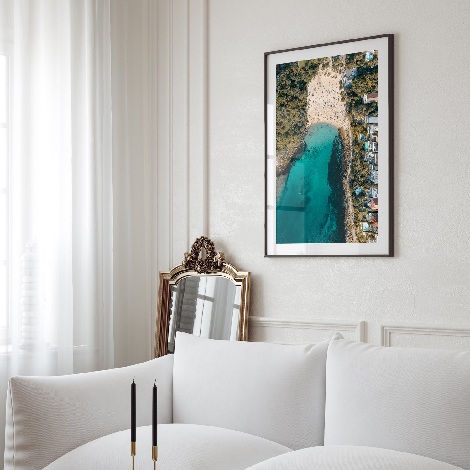 Above Shelly aerial beach view in black frame - coastal landscape wall art