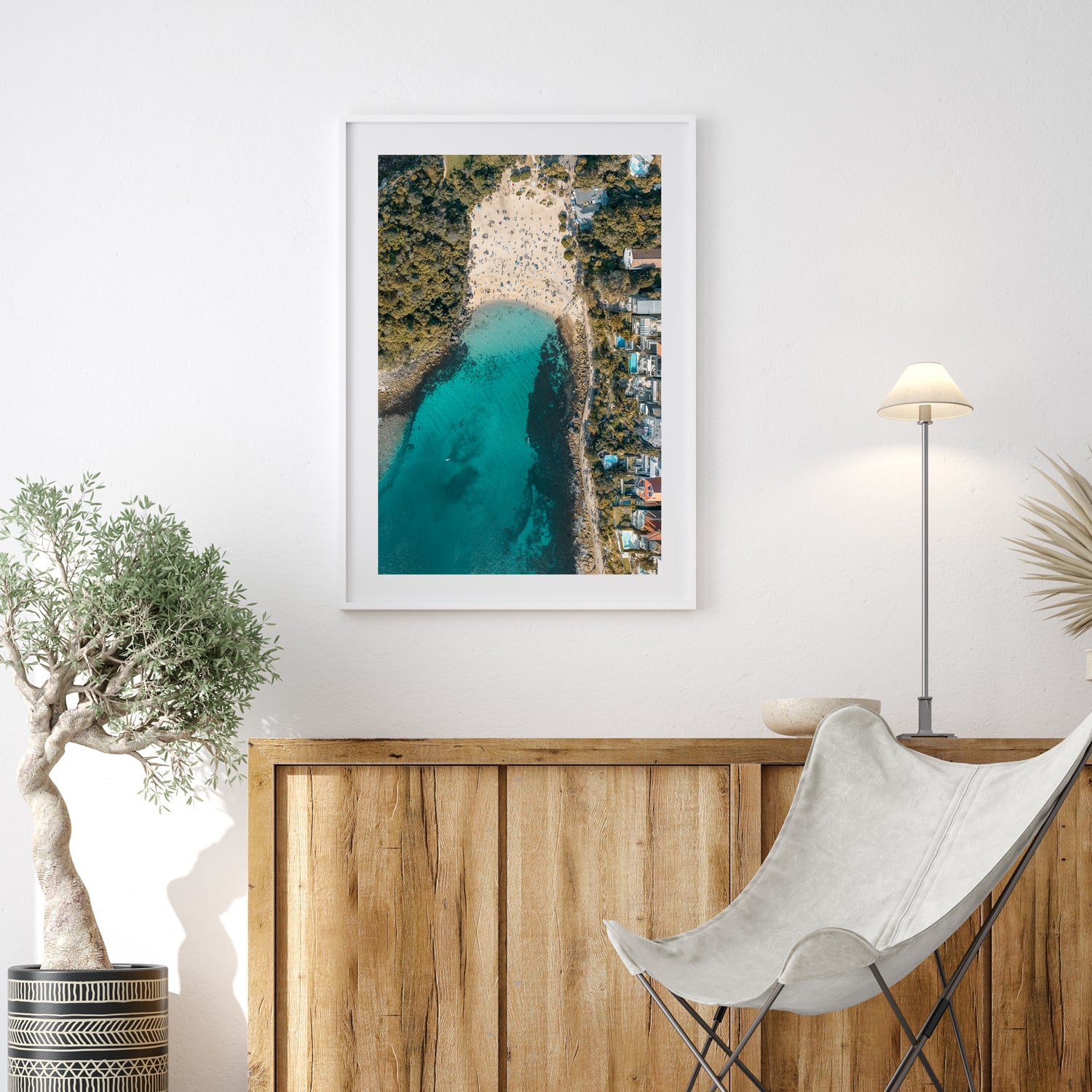 Above Shelly aerial coastal view in white frame - beach landscape photography wall art