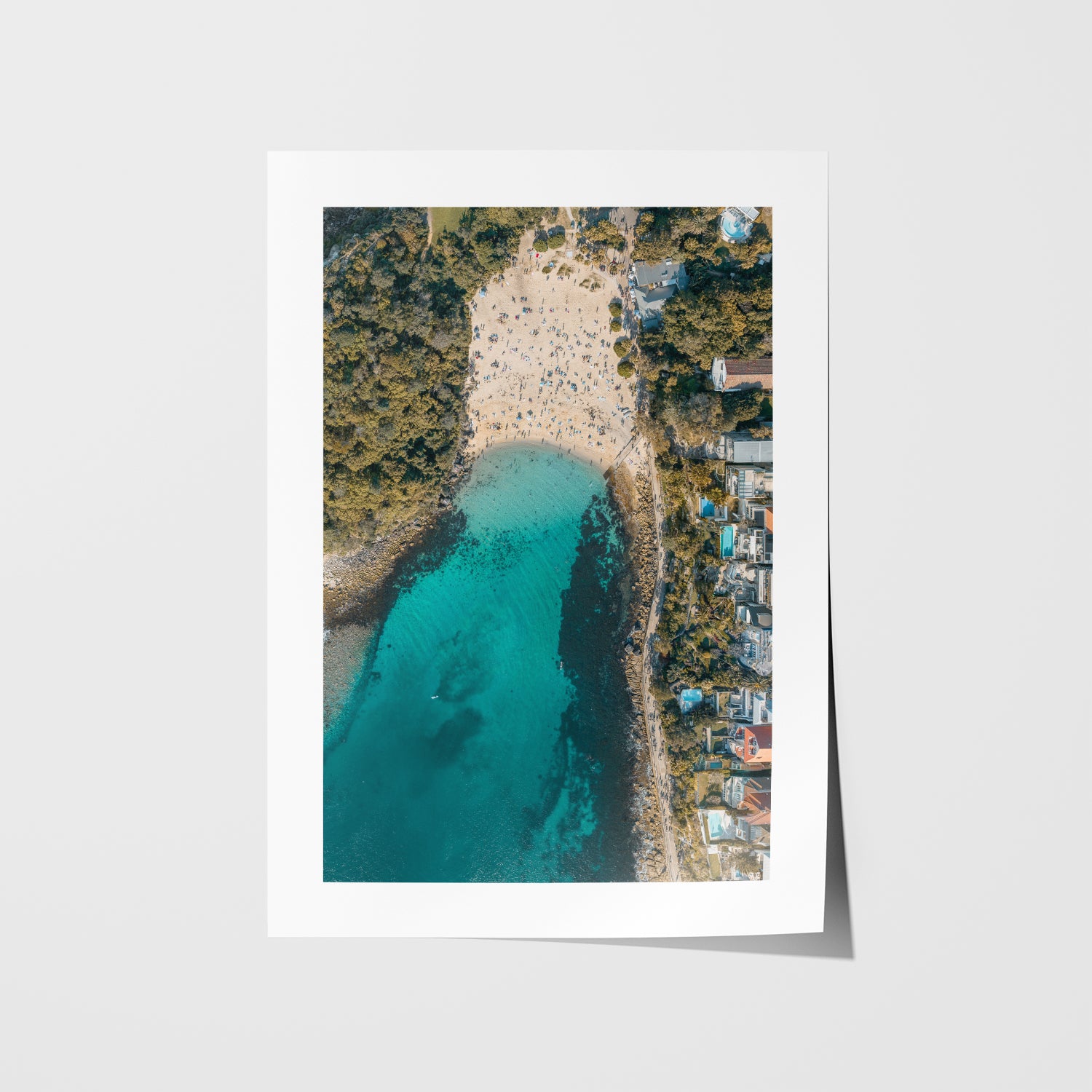 Shelly Beach aerial seascape in white frame - Australian coastal photography wall art