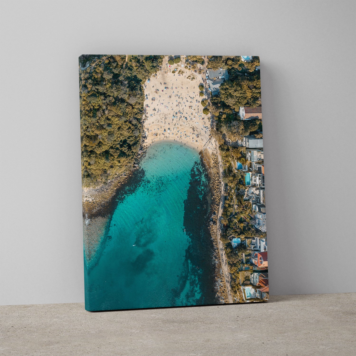 Aerial view of Shelly Beach waves and coastline in white frame - coastal landscape wall