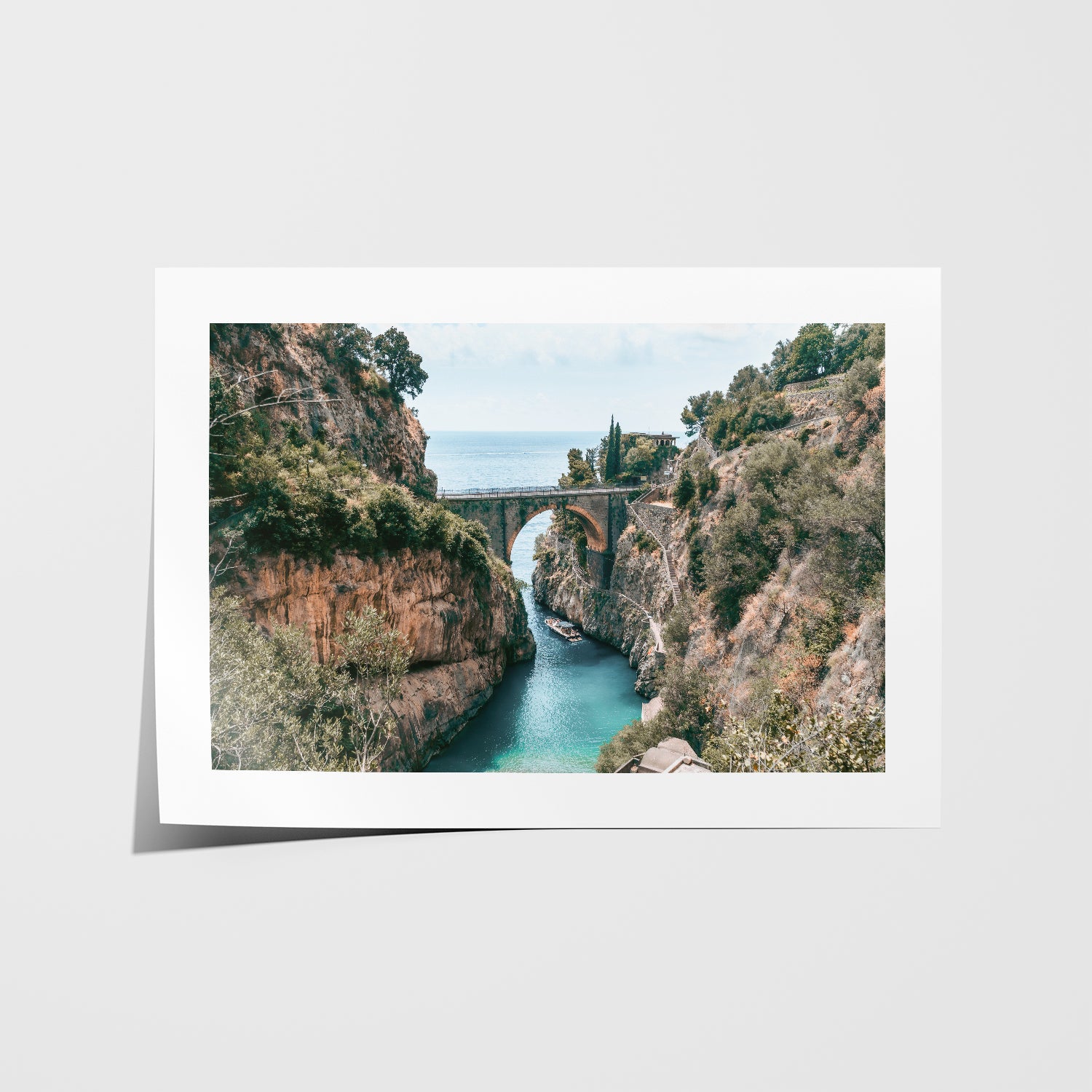 Amalfi Coast scenic boat ride in white frame - Mediterranean seascape wall art