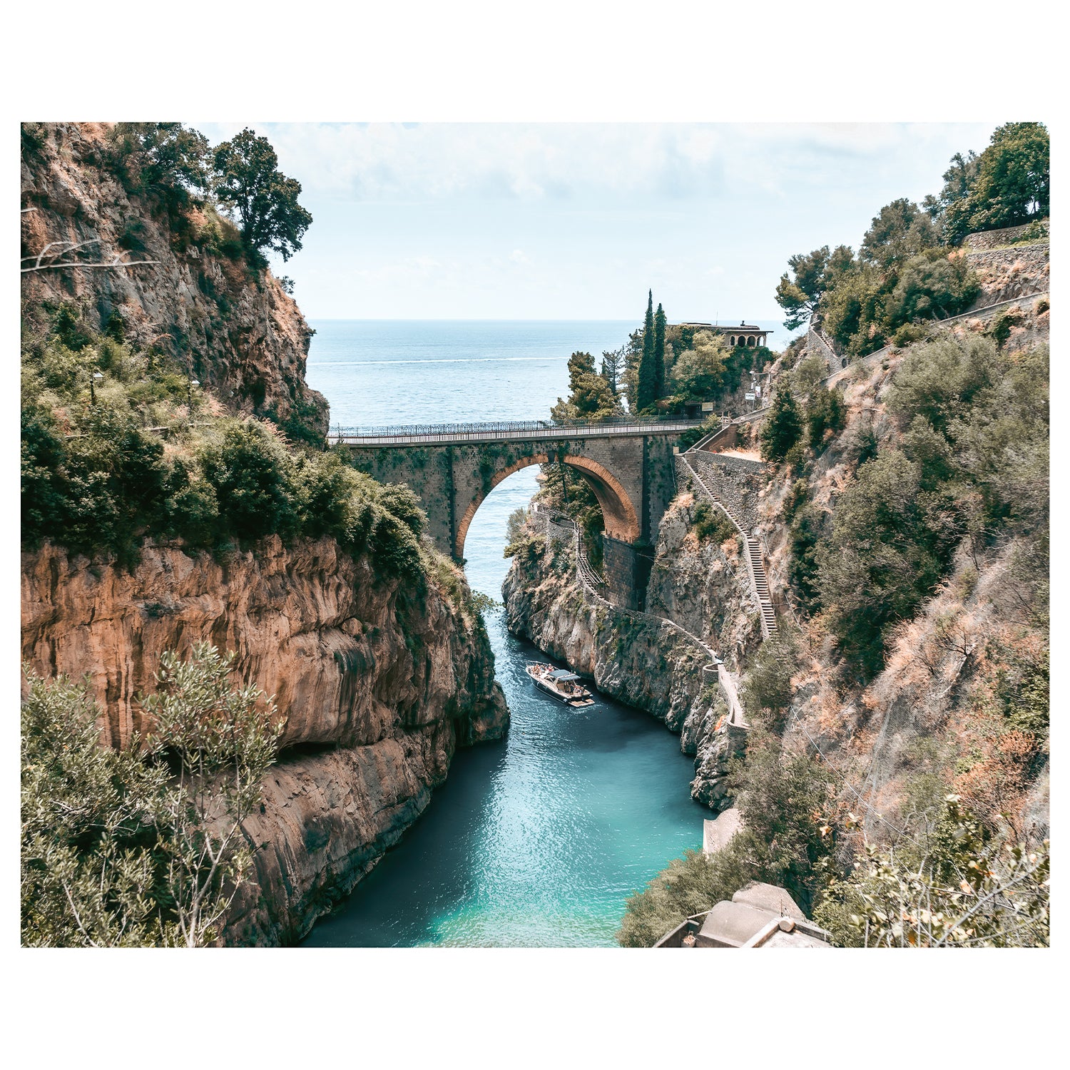 Amalfi Coast scenic boat view - Mediterranean seascape art print for coastal decor
