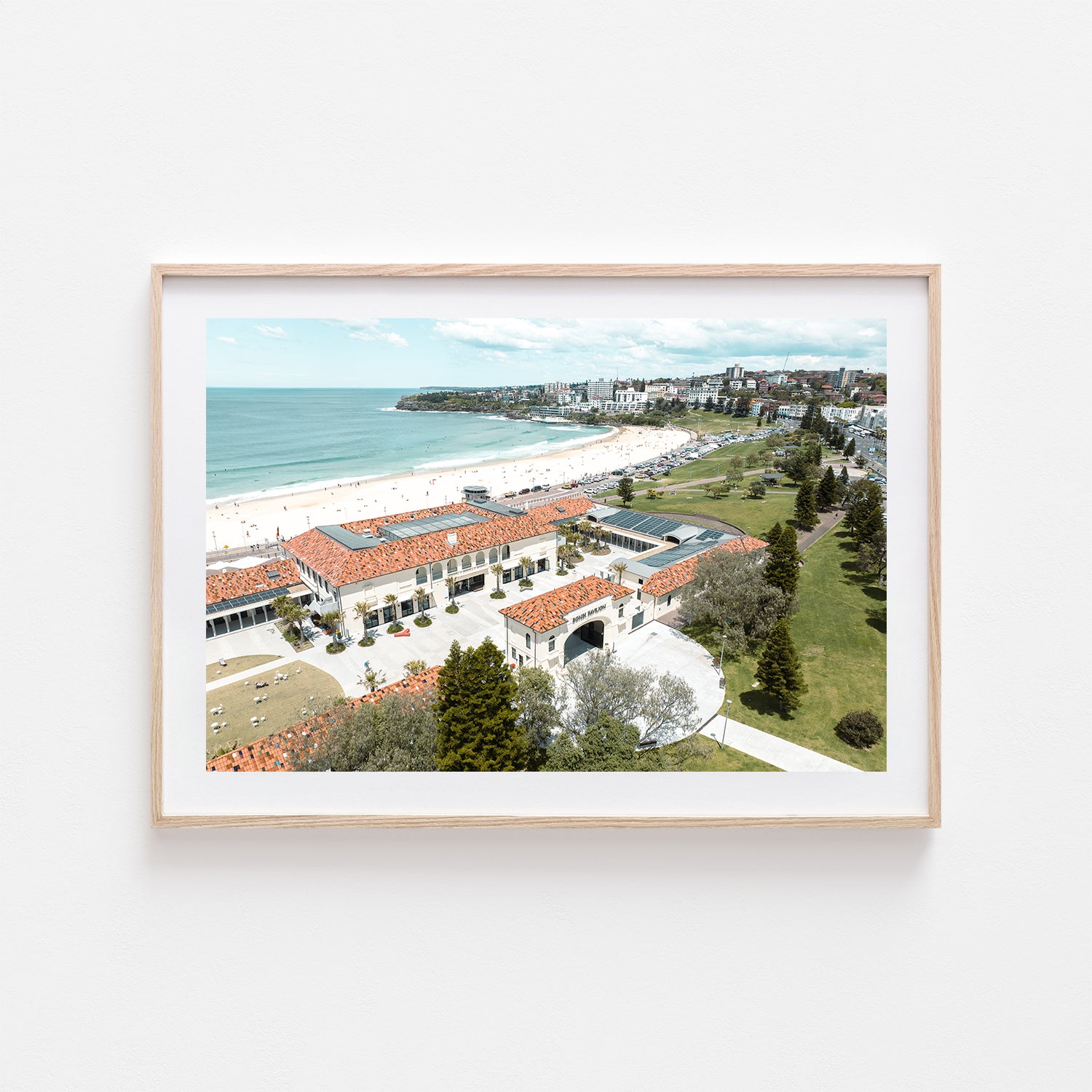 Bondi Pavilion coastal landmark in oak frame - Sydney beach wall art for coastal homes