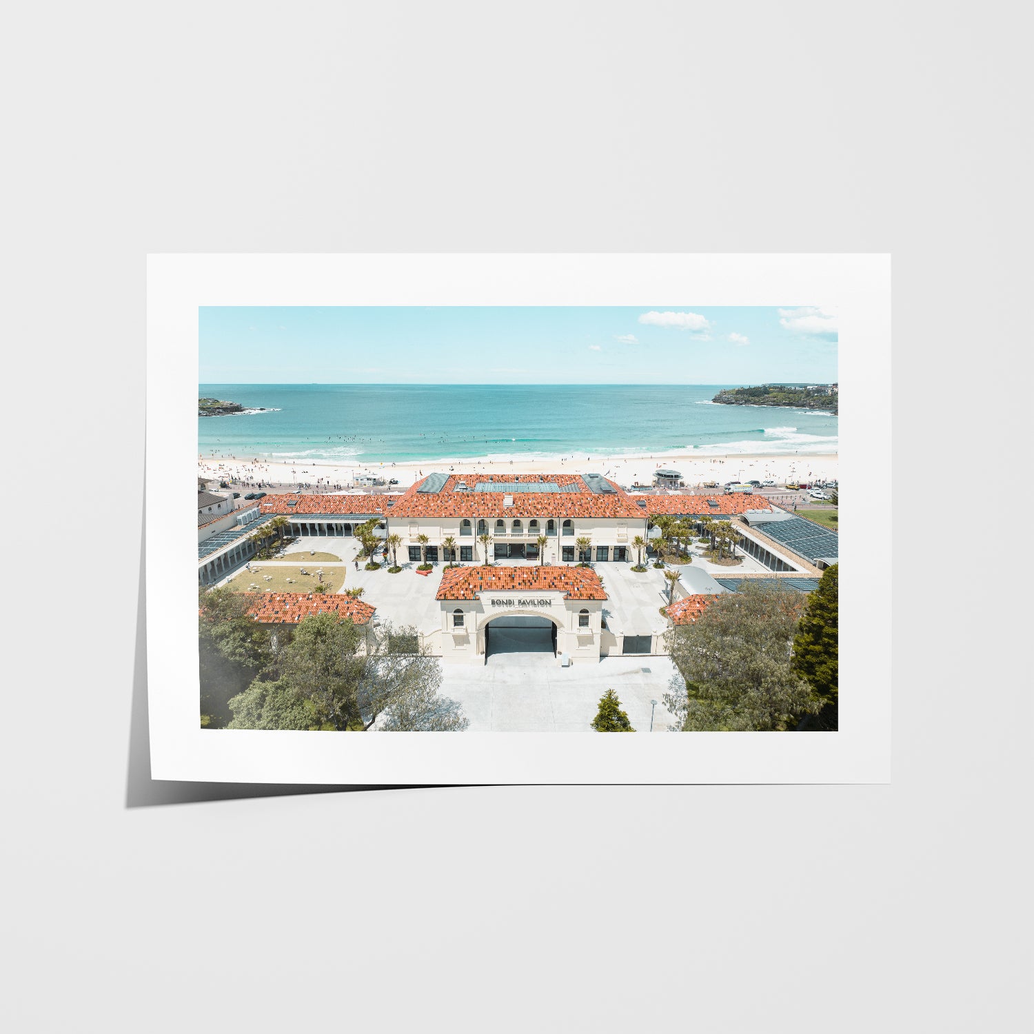 Bondi Pavilion oceanfront architecture in white frame - Sydney coastal landmark wall art