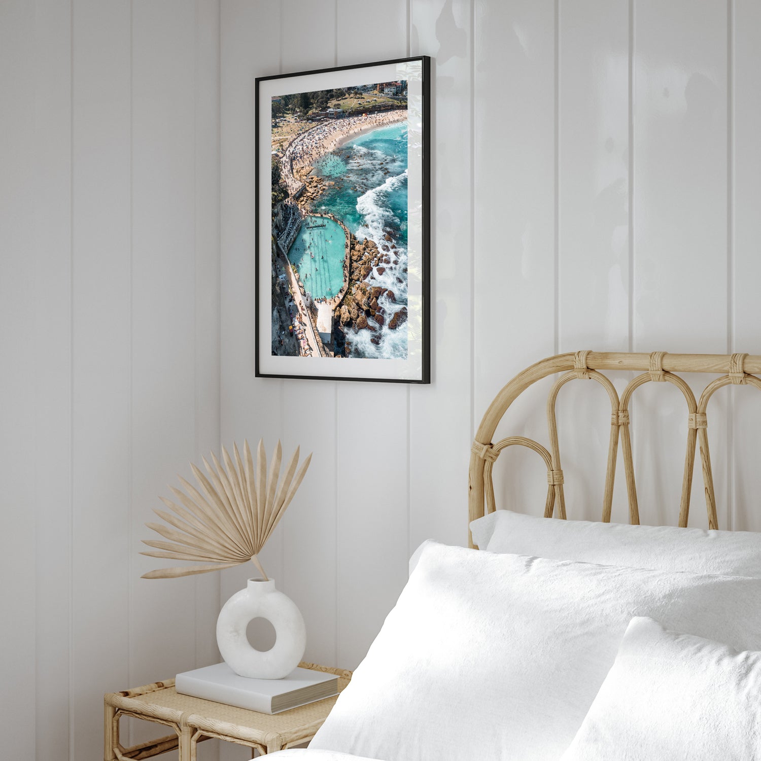 Bronte Beach aerial swimmers view in black frame - coastal photography wall art