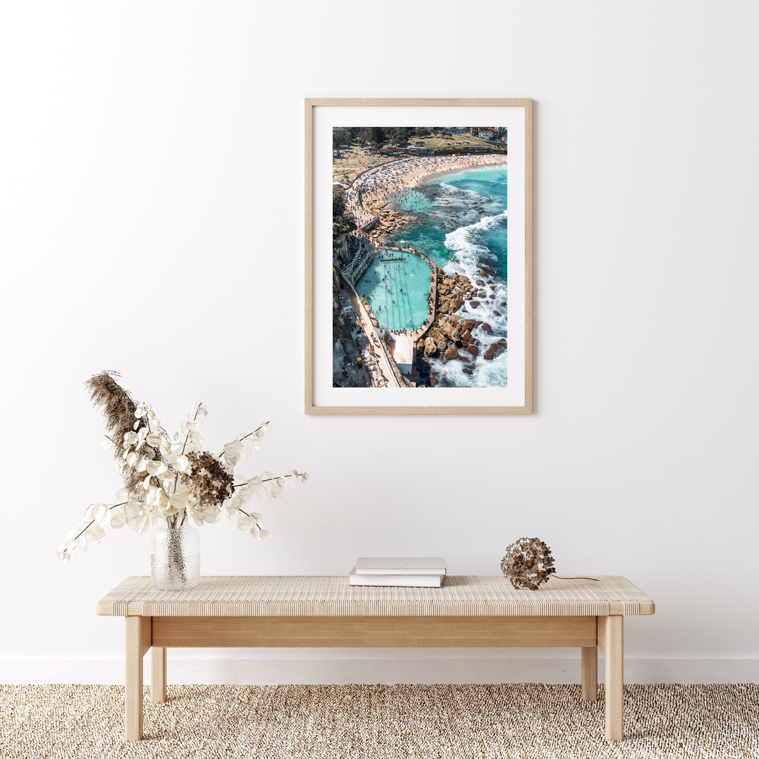 Bronte Beach aerial swimmers and surfers - framed coastal photography in oak frame