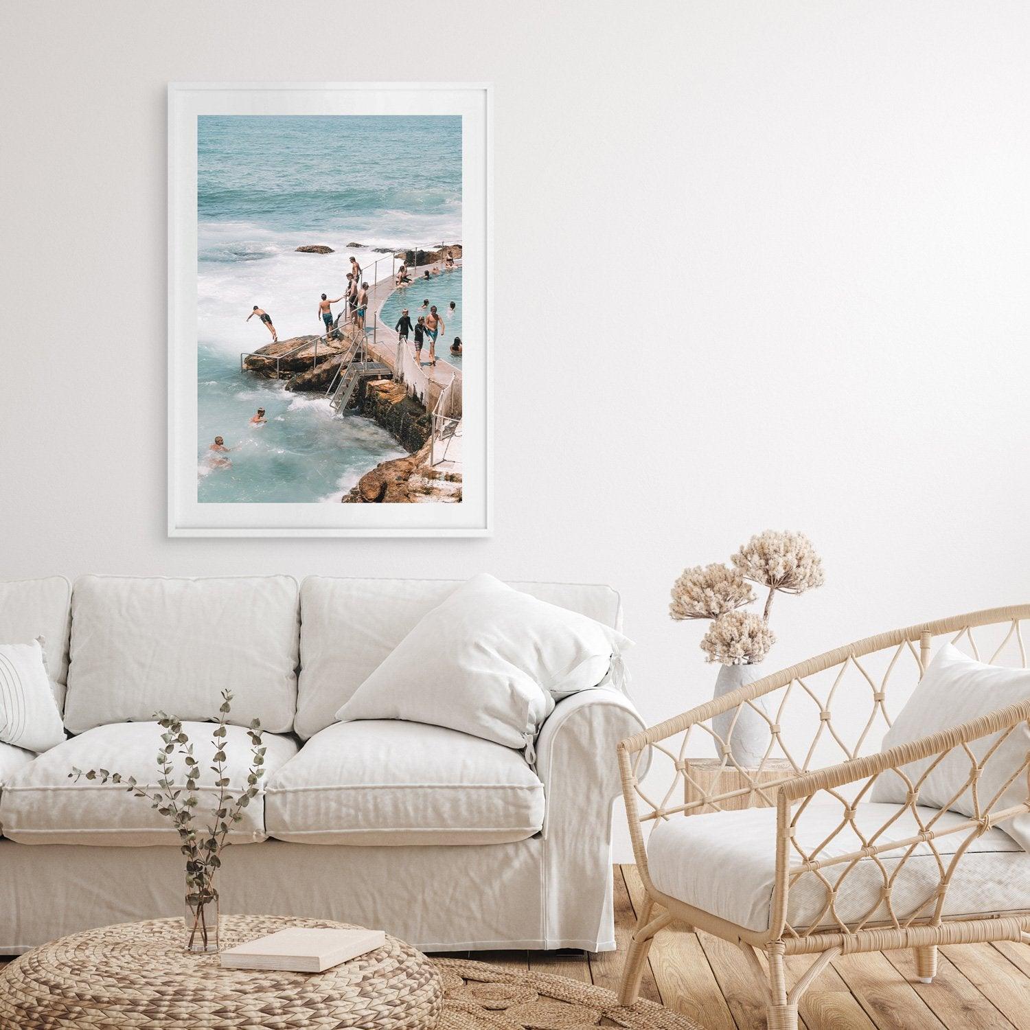 Bronte Rockpool Art print in a white frame and coastal interior