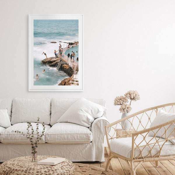 Bronte Rockpool Art print in a white frame and coastal interior
