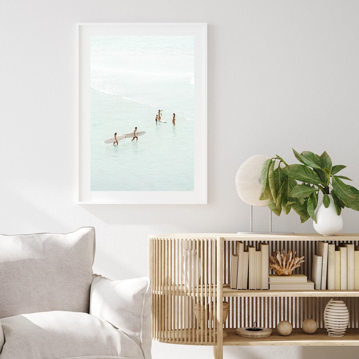 Surf Session light coastal Surfer Artwork in a light interior with oak sideboard