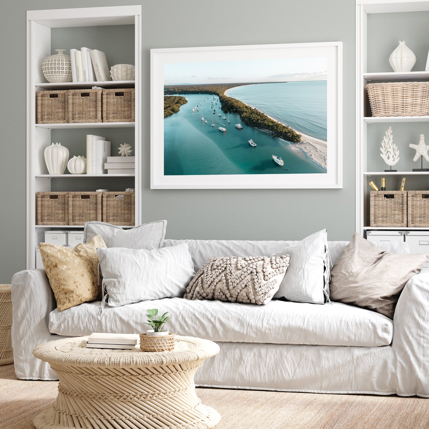 Callala Beach aerial seascape in white frame - Jervis Bay coastal wall art