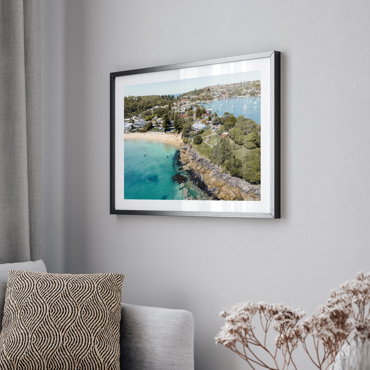 Camp Cove aerial seascape in black frame - coastal landscape photography wall art