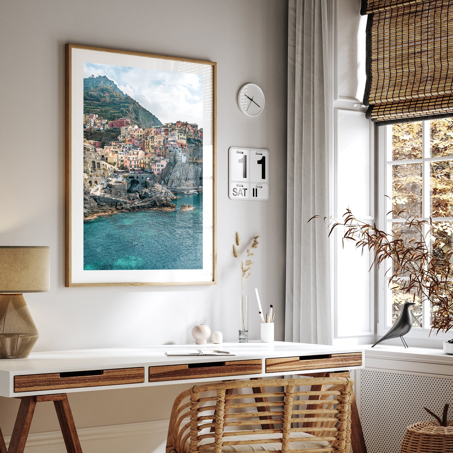 Cinque Terre colorful coastal village in oak frame - Italian landscape wall art