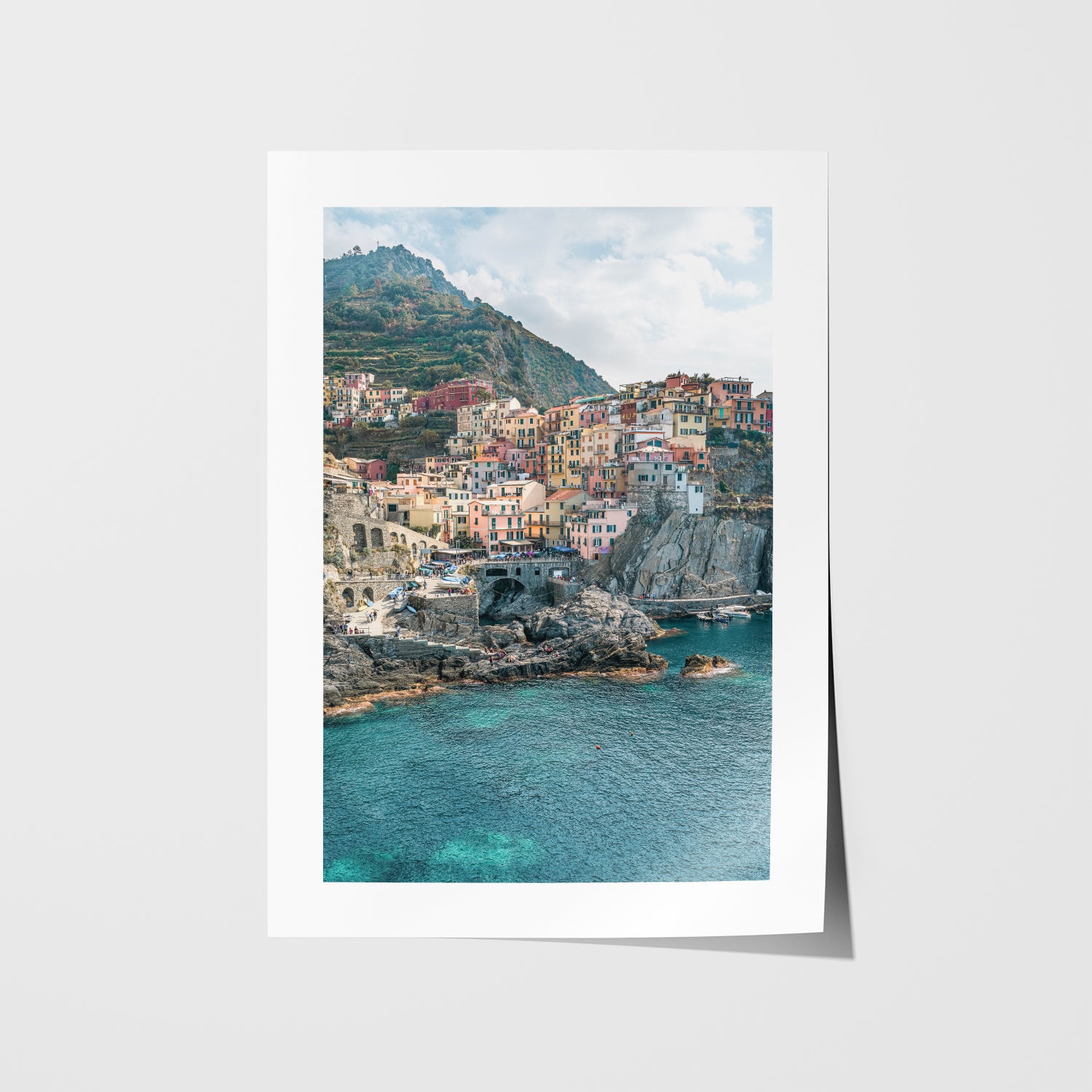 Cinque Terre colorful coastal village landscape in black frame - Italian seaside wall art