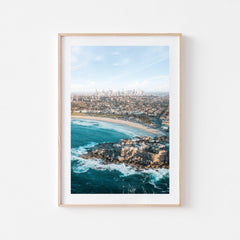Bondi Beach Print with Sydney City Background in Oak Frame