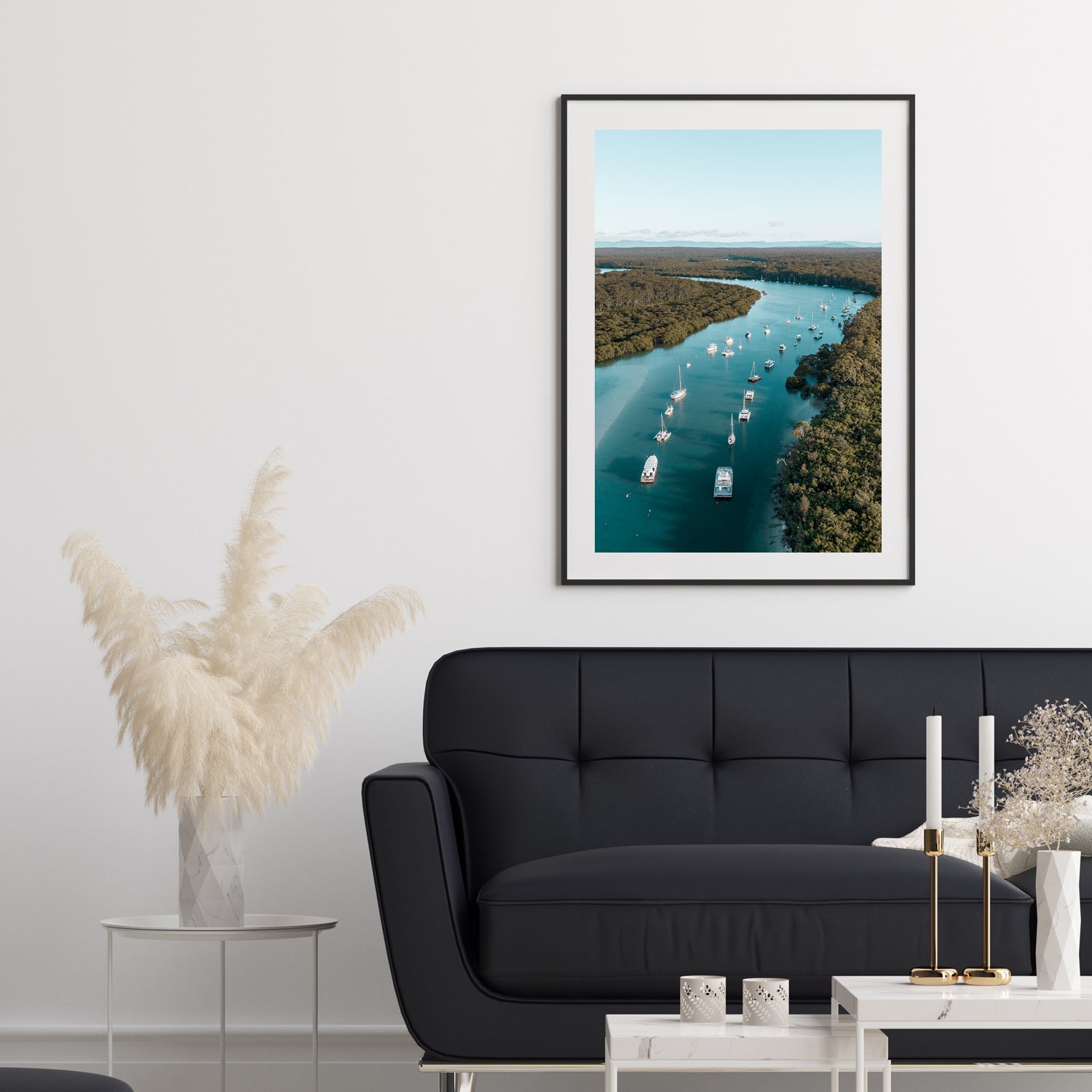 Currambene Creek waterway aerial view in black frame - coastal landscape wall art