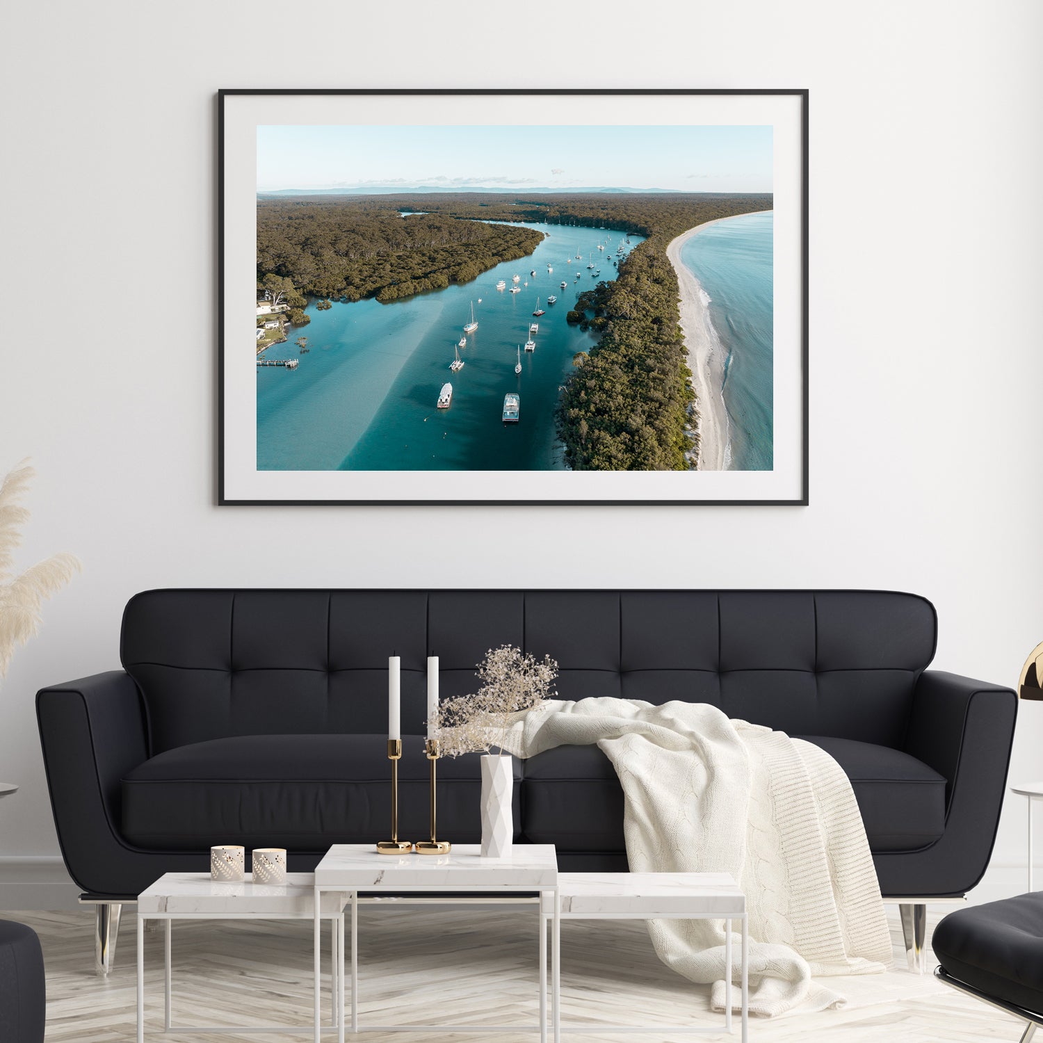 Currambene Creek aerial view in black frame - coastal landscape wall art for modern homes