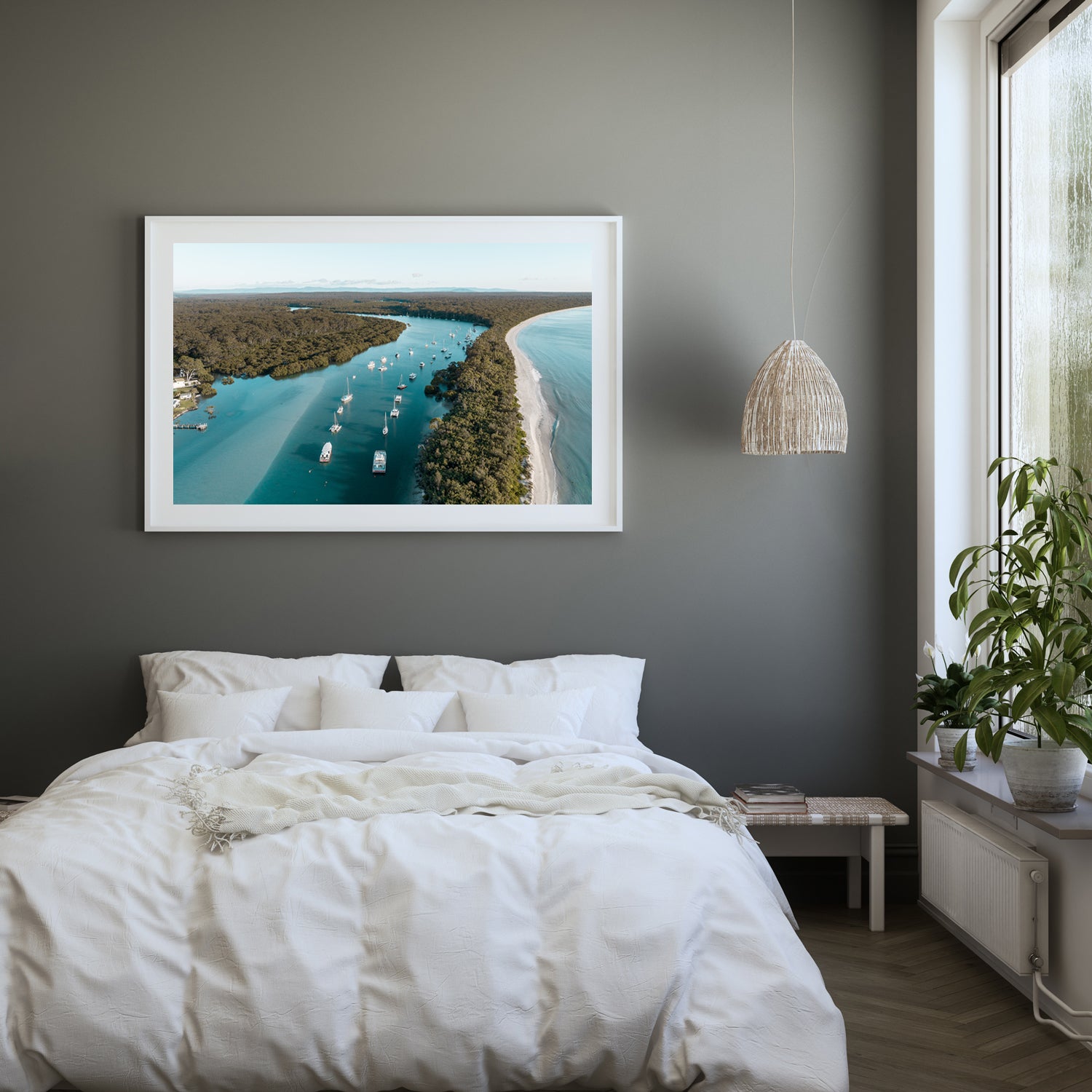 Currambene Creek aerial view in white frame - coastal landscape wall art for modern homes
