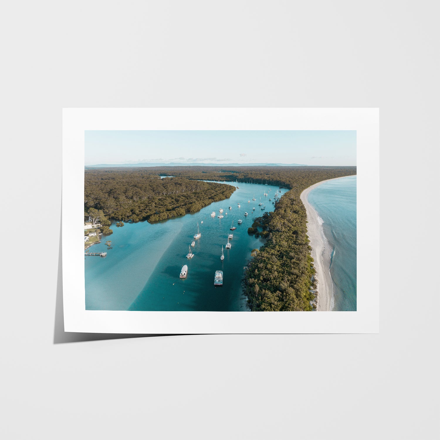 Currambene Creek aerial view in white frame - coastal waterway wall art
